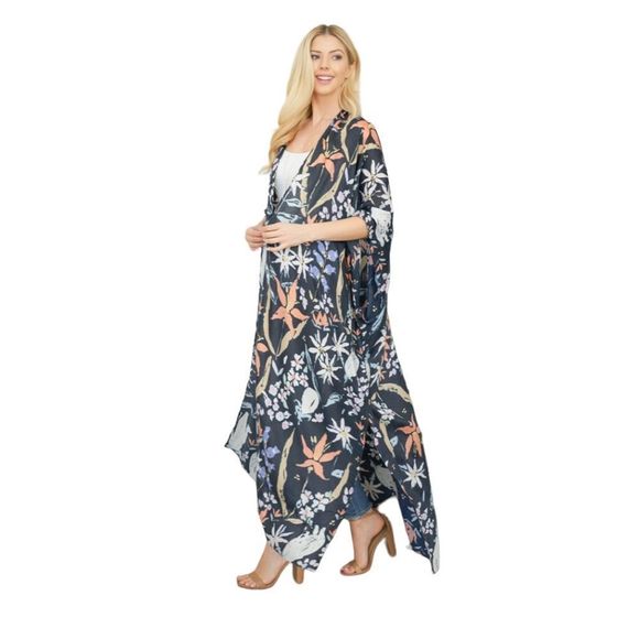 Long Floral Print Boho Open Front Kimono. One Size - Picture 2 of 7